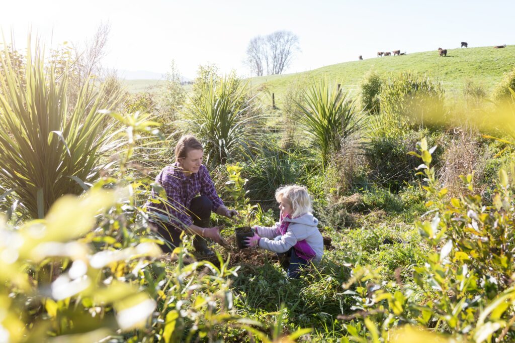 A woman and child plant natives with dairy cows in the background.