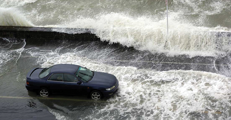 Seawater spilling onto a road