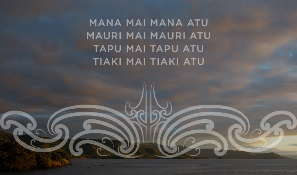 Image of sea hill and sky with the text of our whakatauki over the top: 
Mana mai Mana atu
Mauri mai Mauri atu
Tapu mai Tapu atu
Tiaki mai Tiaki atu