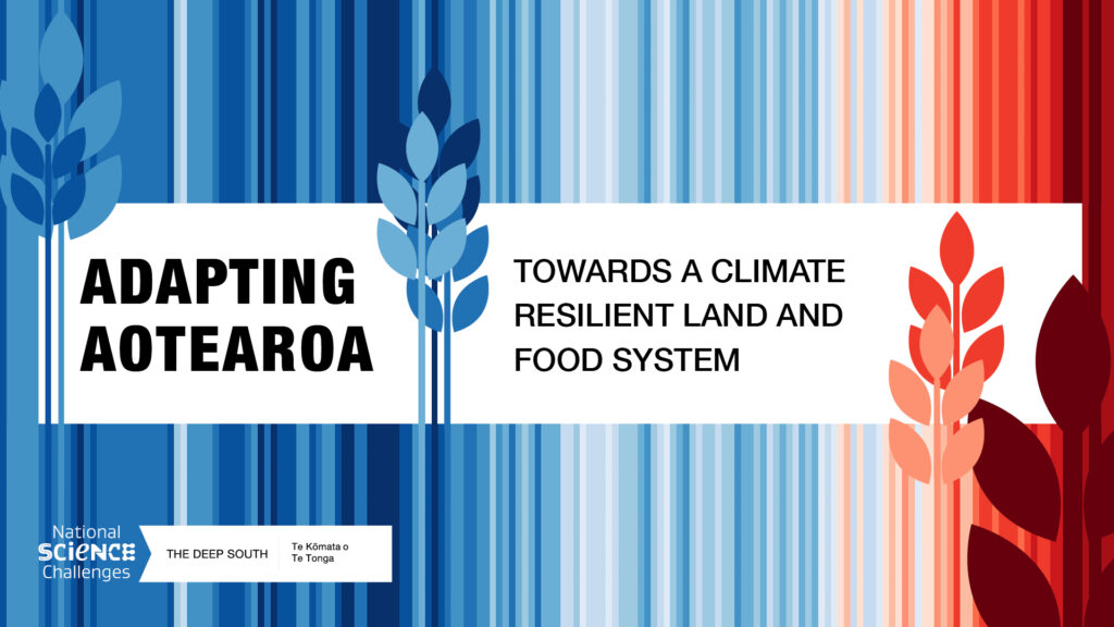 Banner image showing the climate stripes and the title: Adapting Aotearoa - towards a climate resilient land and food system